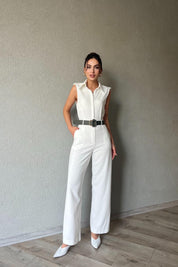 Ekru Kemer Detaylı Tulum SY-1974-Ekru