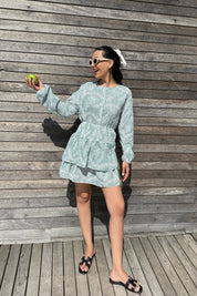 Turkuaz Fistolu Gömlek Etek Takım SY-3120-Turkuaz