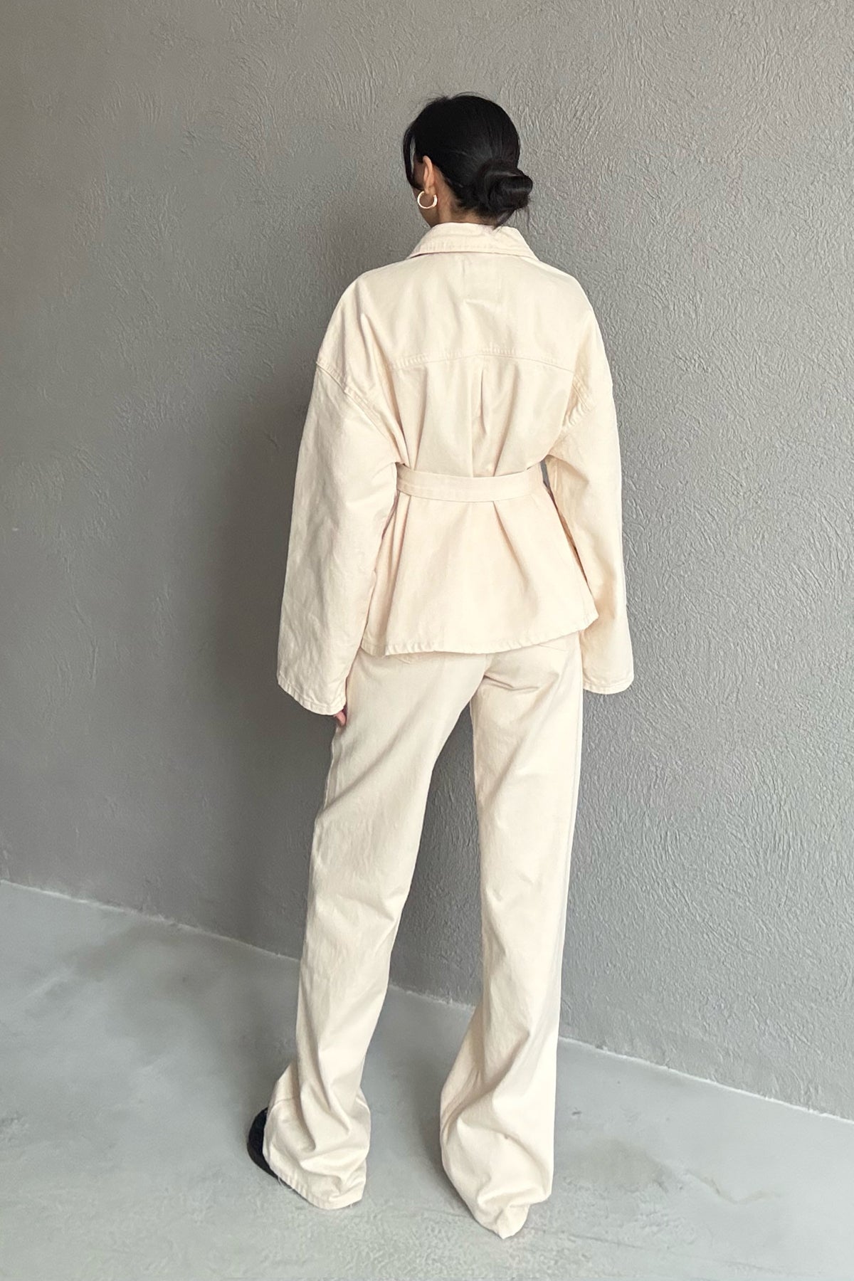 Krem Beli Bağlamalı Denim Ceket Pantolon Takım SY-2884-Krem