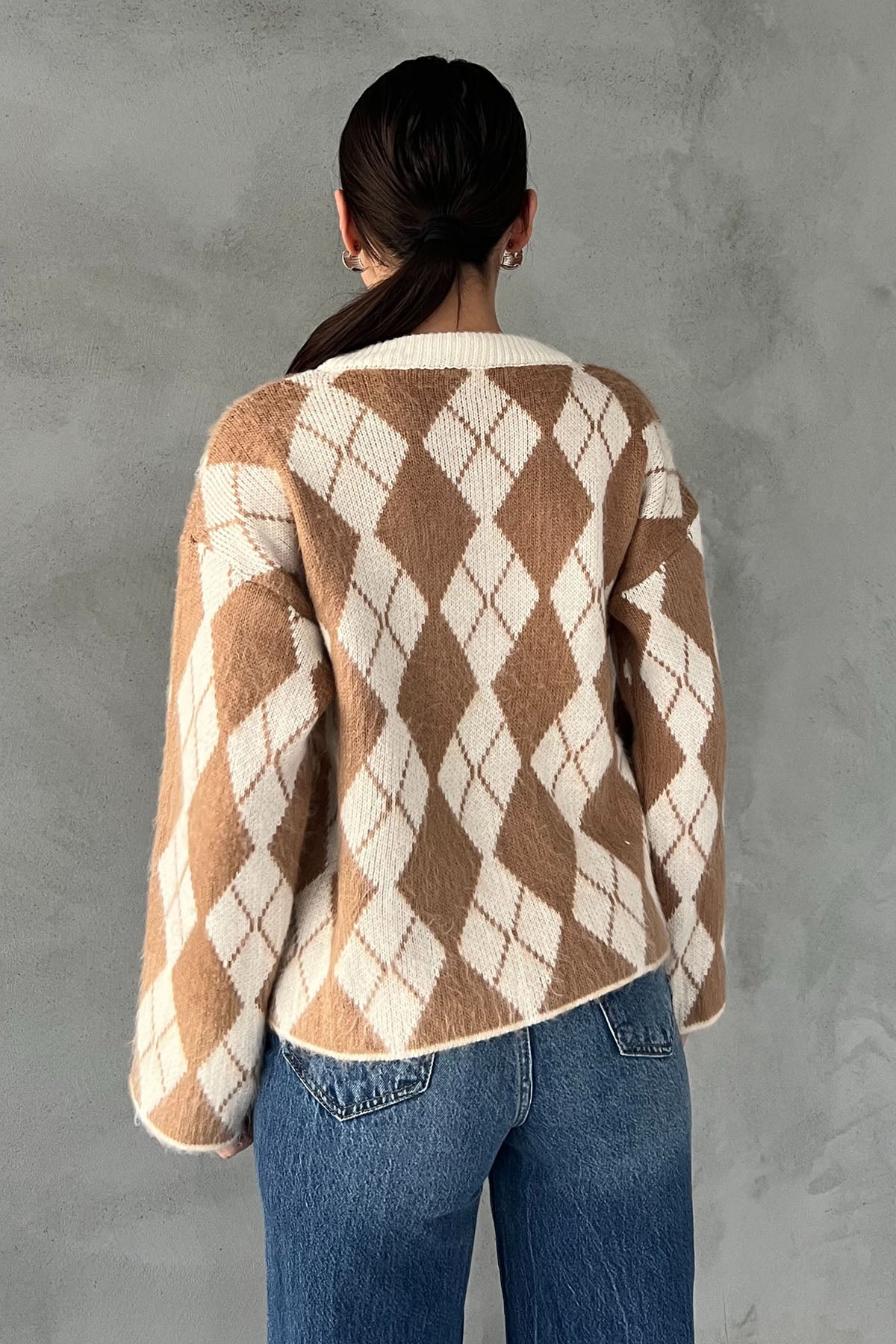 Camel Baklava Desen Kısa Triko Kazak SY-2793-Camel