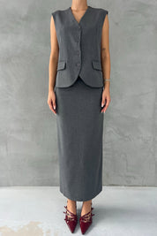 Antrasit Arkası Kısa Kemer Detaylı Yelek ve Yırtmaçlı Etek Takım SY-2482-Antrasit