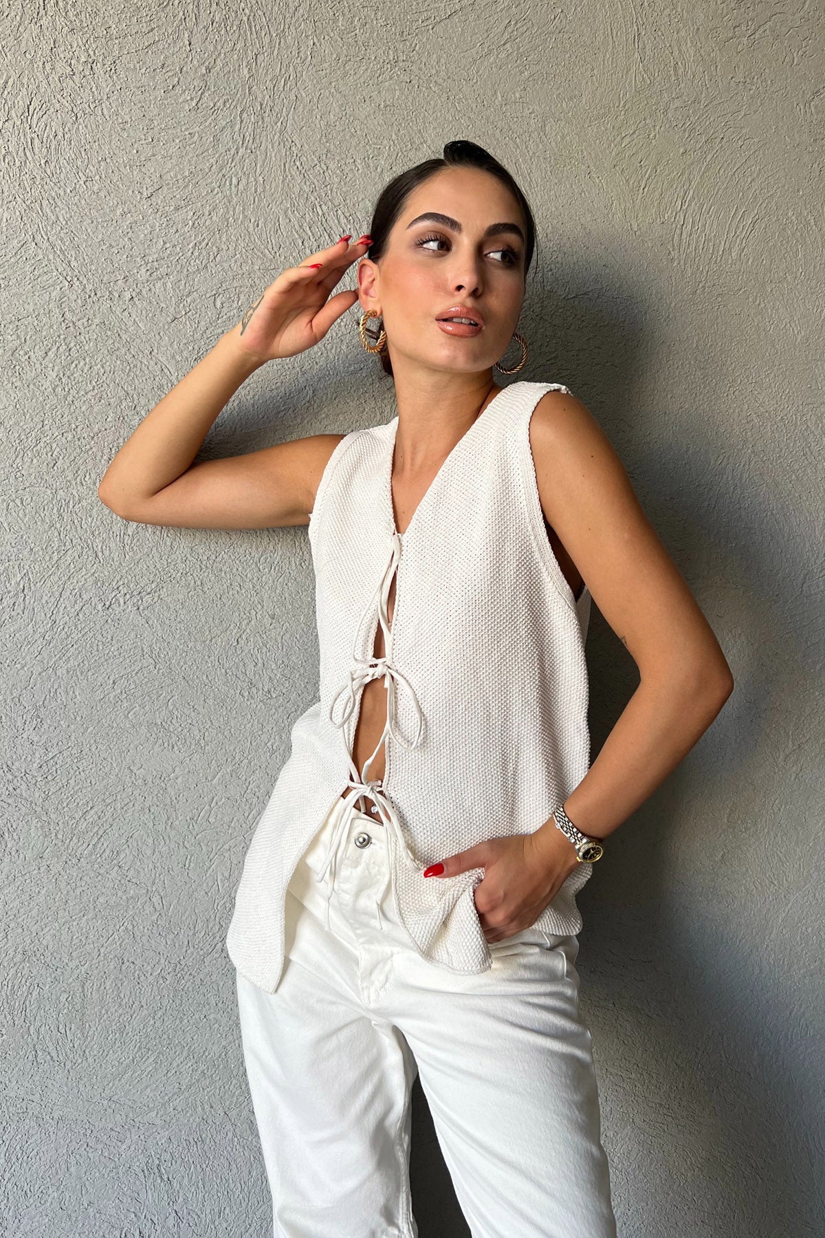 Ekru Bağcıklı Triko Yelek SY-2367-Ekru