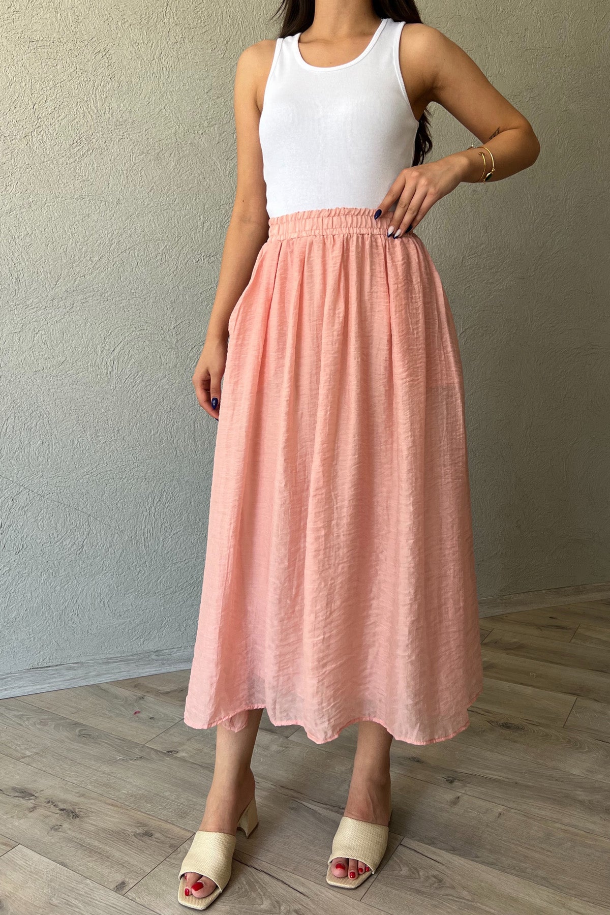 Somon Dokuma Detaylı Modal Etek SY-2158-Somon