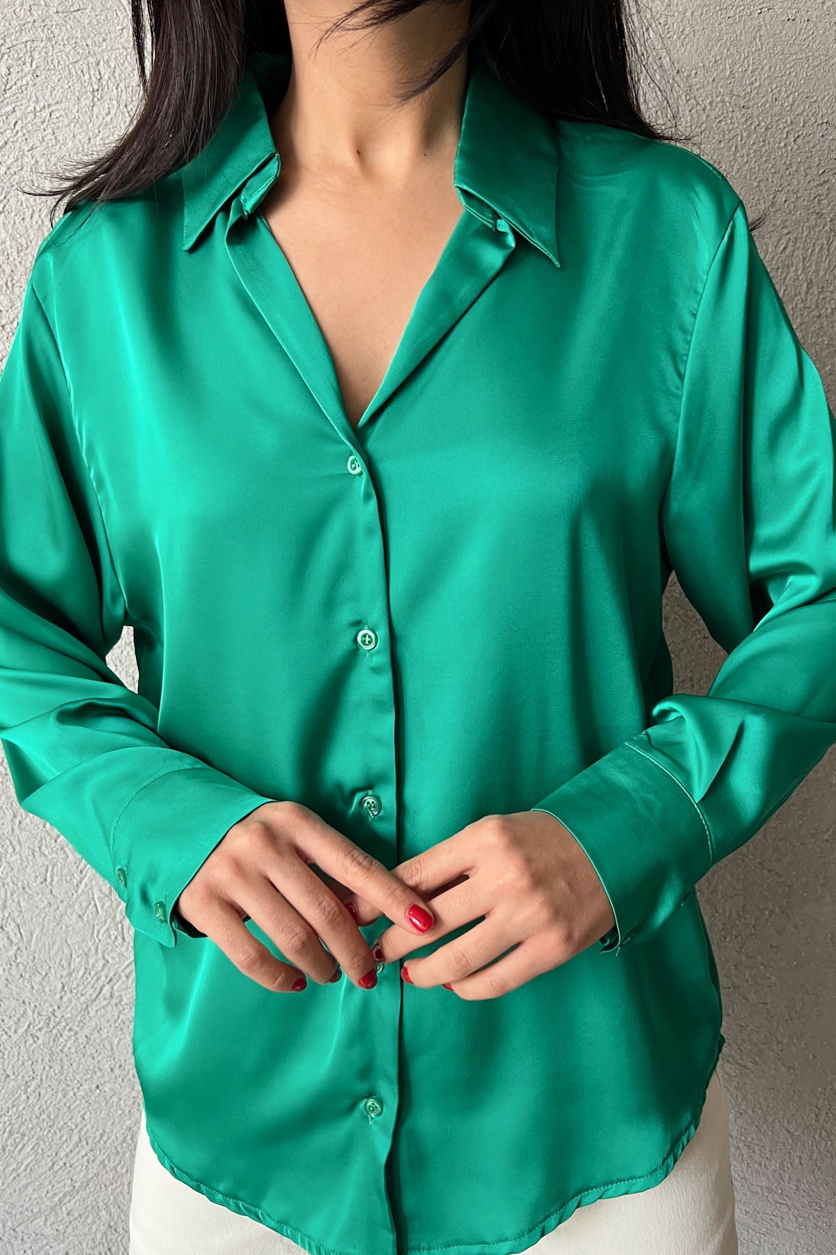 Yeşil Saten Düğmeli Gömlek SY-0867-Yeşil