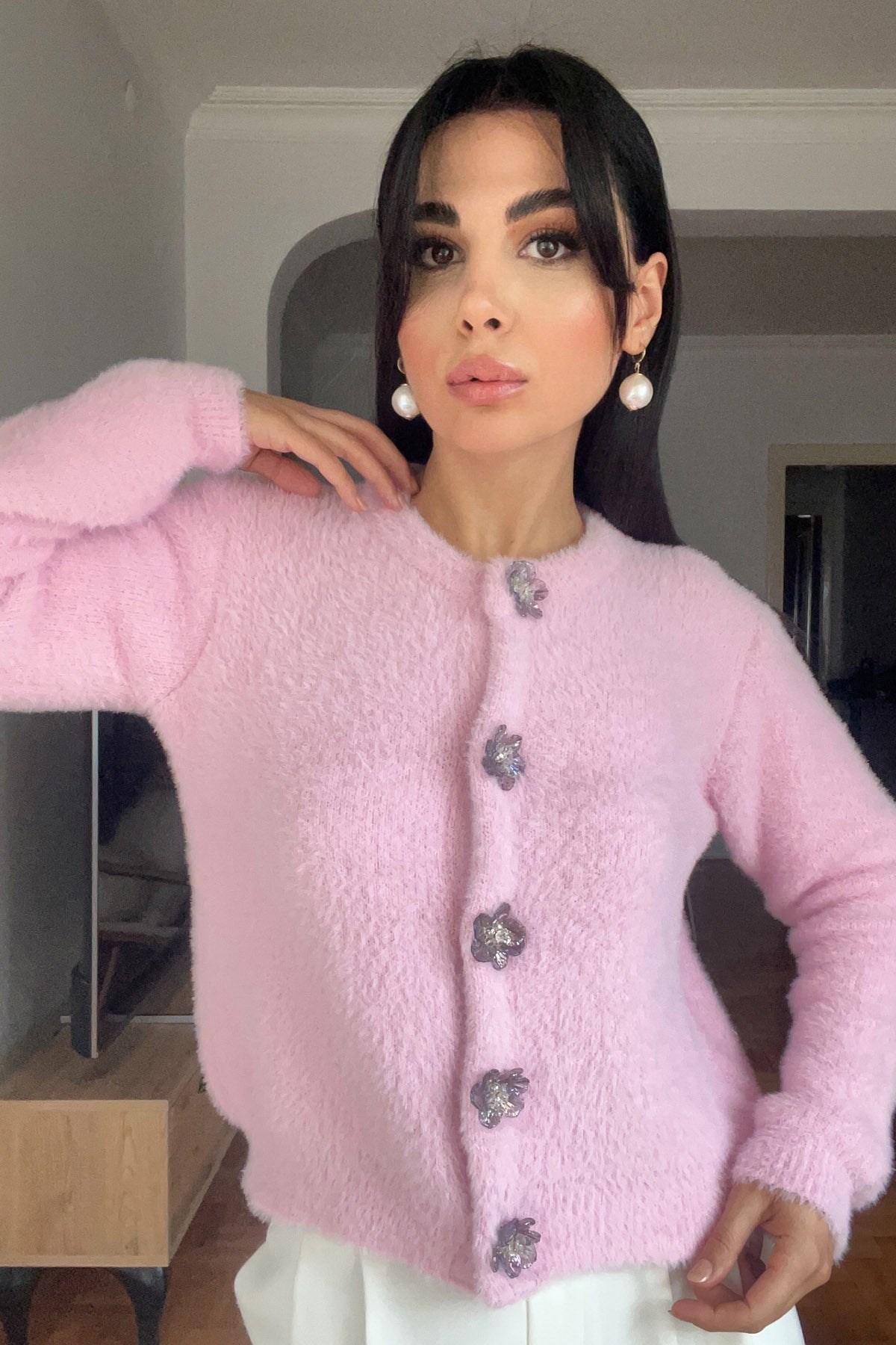 Pembe Çiçek Çıtçıtlı Yumoş Hırka SY-2836-Pembe