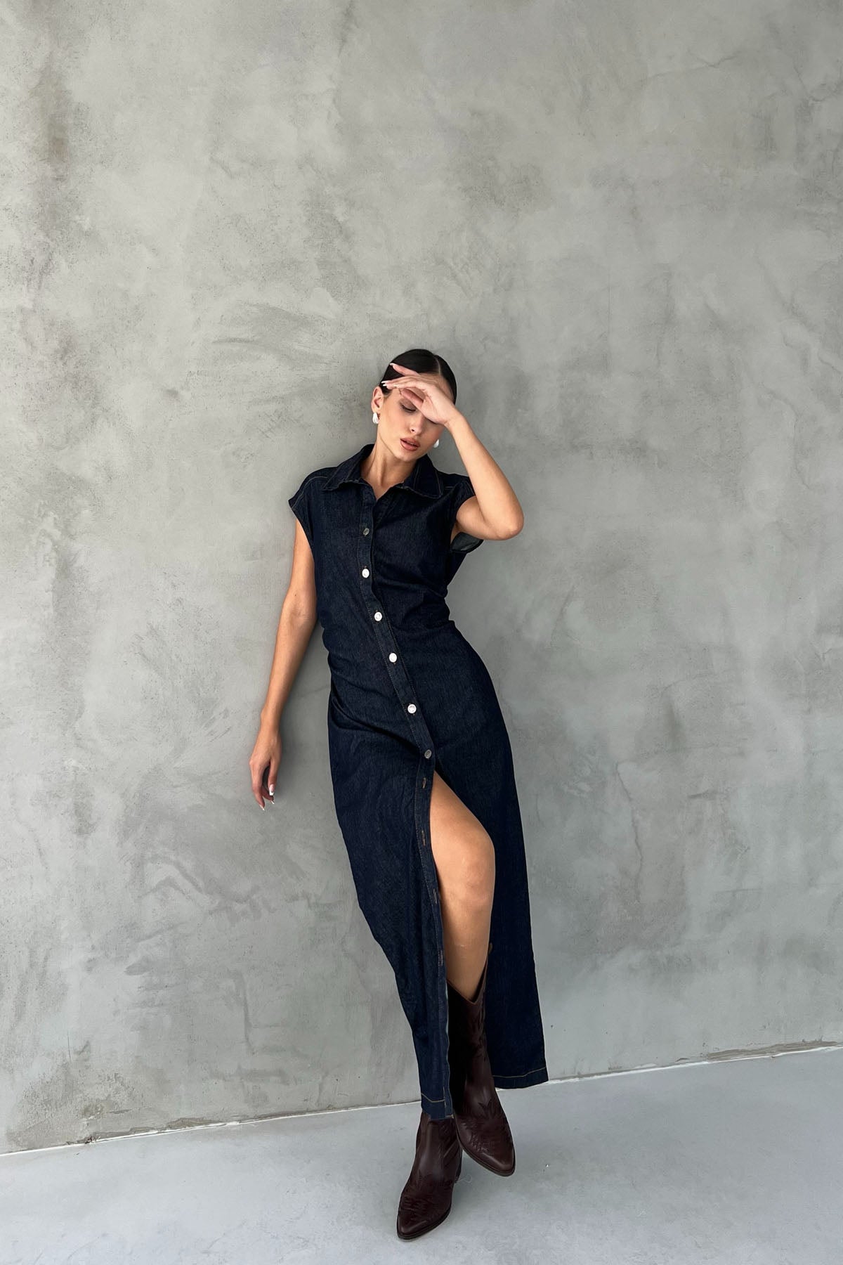 Koyu Lacivert Beli Büzgü Detaylı Düğmeli Denim Elbise SY-2493-Koyu Lacivert