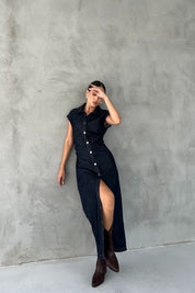 Koyu Lacivert Beli Büzgü Detaylı Düğmeli Denim Elbise SY-2493-Koyu Lacivert