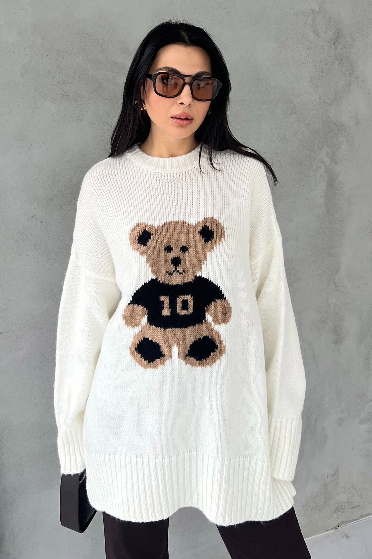 Ekru Teddy Bear Nakışlı Triko Kazak SY-2831-Ekru