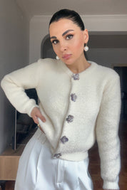 Ekru Çiçek Çıtçıtlı Yumoş Hırka SY-2836-Ekru