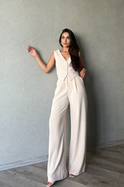 Bej Sırt Detaylı Yelek Palazzo Pantolon Takım SY-2250-Bej