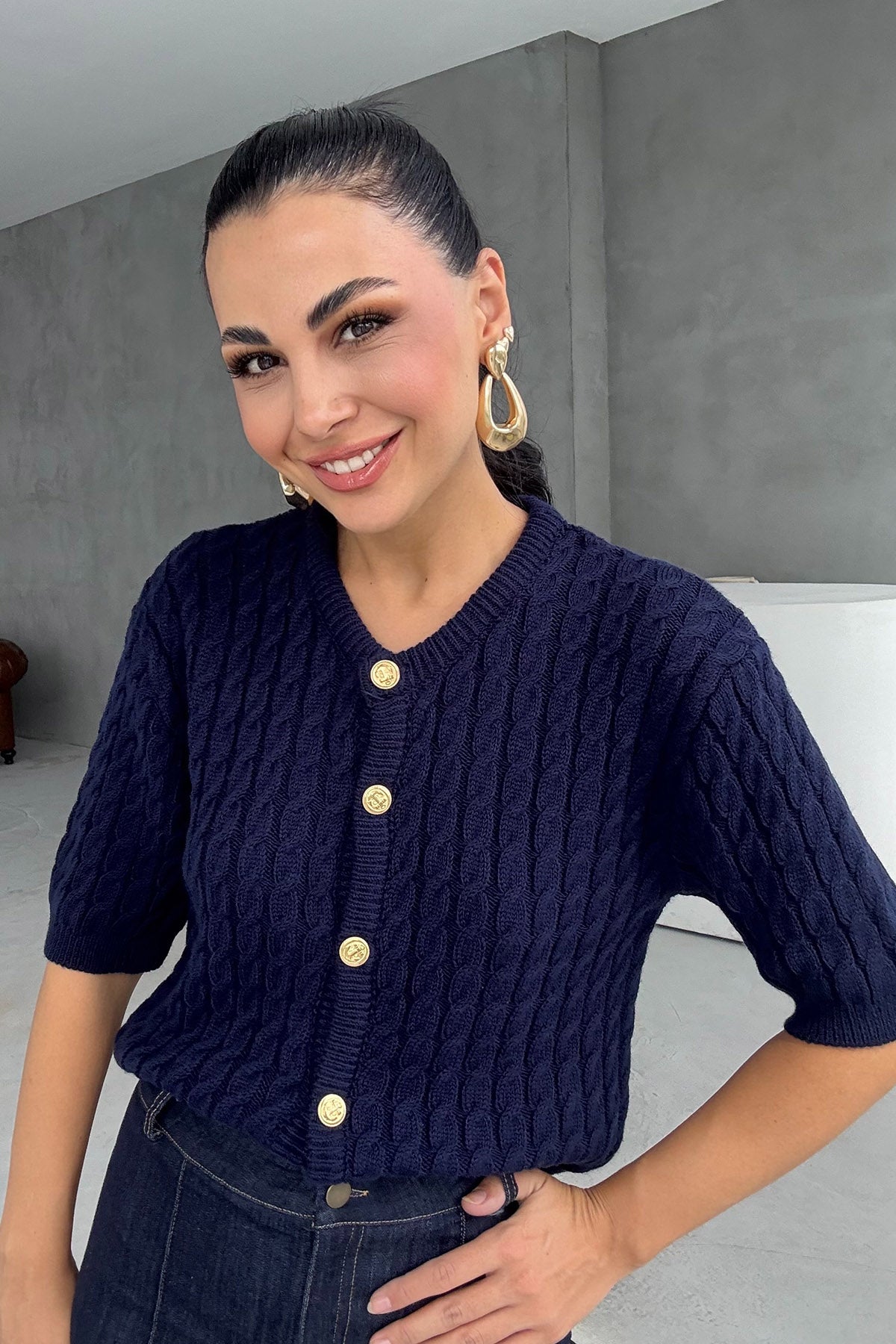 Lacivert Saç Örgülü Gold Düğme Detaylı Triko Hırka SY-2518-Lacivert