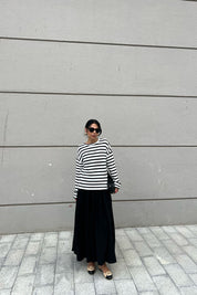 Ekru Siyah Çizgili Kolu Katlama Dikişli Uzun Kollu Triko SY-2505-Ekru