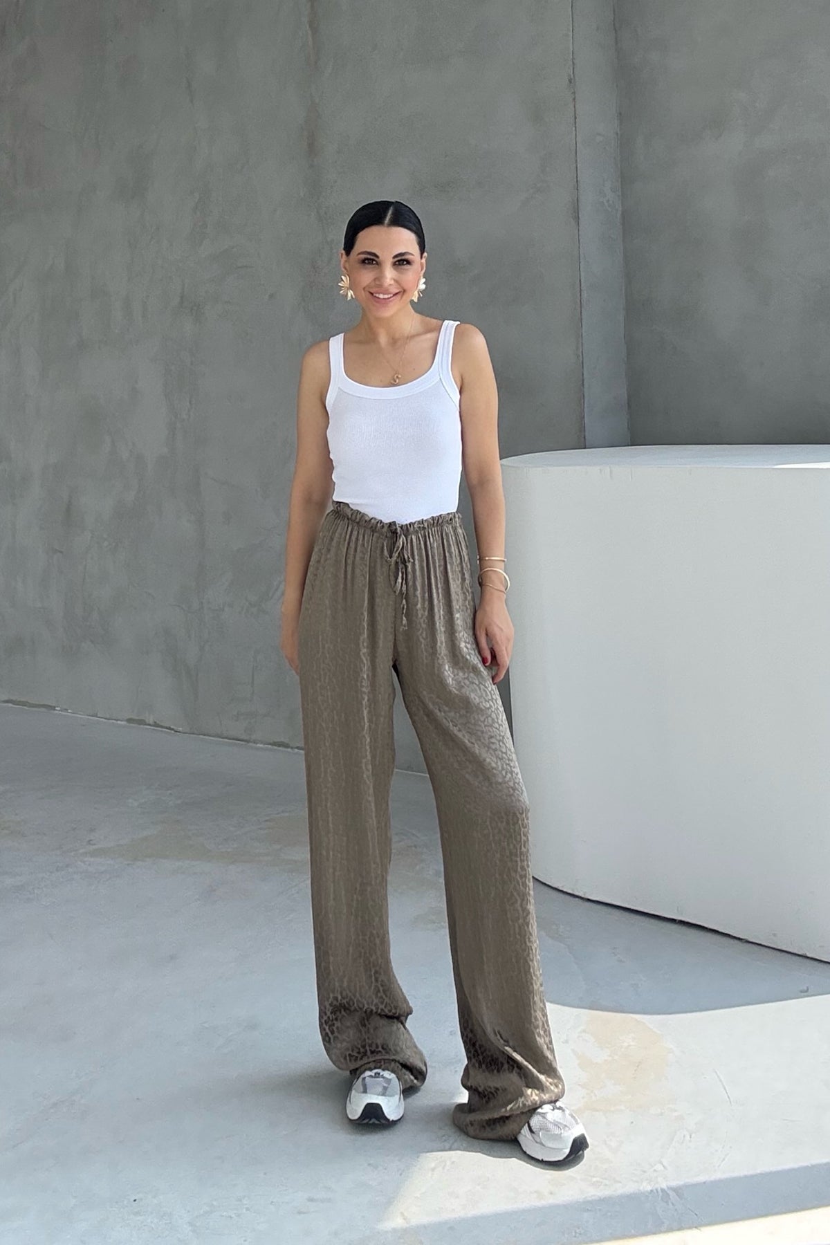 Açık Haki Leopar Desenli Jakarlı Bol Paça Pantolon SY-1686-Açık Haki