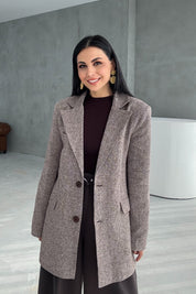 Vizon Kemerli Çift Düğmeli Oversize Ceket SY-3391-Vizon