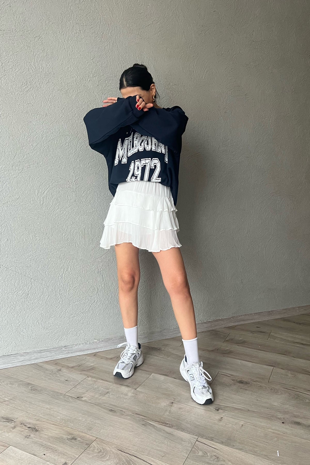 Beyaz Fırfır Detaylı Beli Lastikli Mini Etek SY-1769-Beyaz