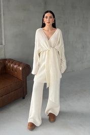 Ekru Bağlama Detay Kazak Pantolon Triko Takım SY-2773-Ekru