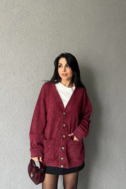 Bordo Logo Detay Yıkamalı Hırka SY-2751-Bordo