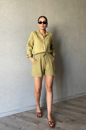 Haki Beli Lastikli Bağlamalı Şort SY-2316-Haki