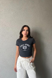 Antrasit Baskı Detaylı Yıkamalı Crop SY-1872-Antrasit