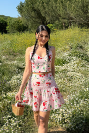 Pembe Desenli Askılı Crop Bluz ve Etek Takım SY-3193-Pembe