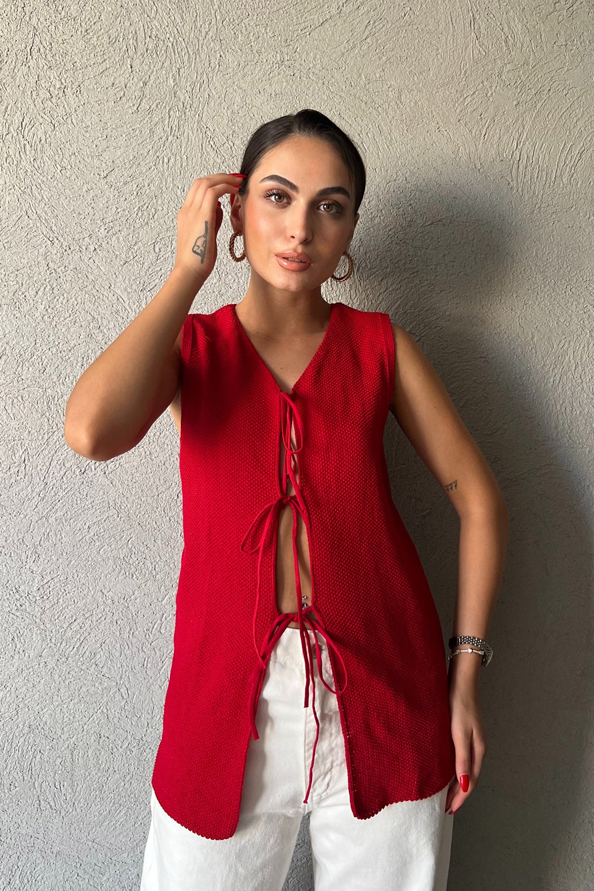 Kırmızı Bağcıklı Triko Yelek SY-2367-Kırmızı