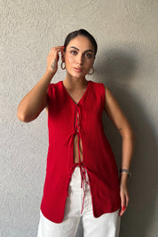 Kırmızı Bağcıklı Triko Yelek SY-2367-Kırmızı