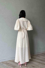 Pembe Puantiye Desenli Düğme Detaylı Balon Kol Elbise (Kemersiz) SY-3377