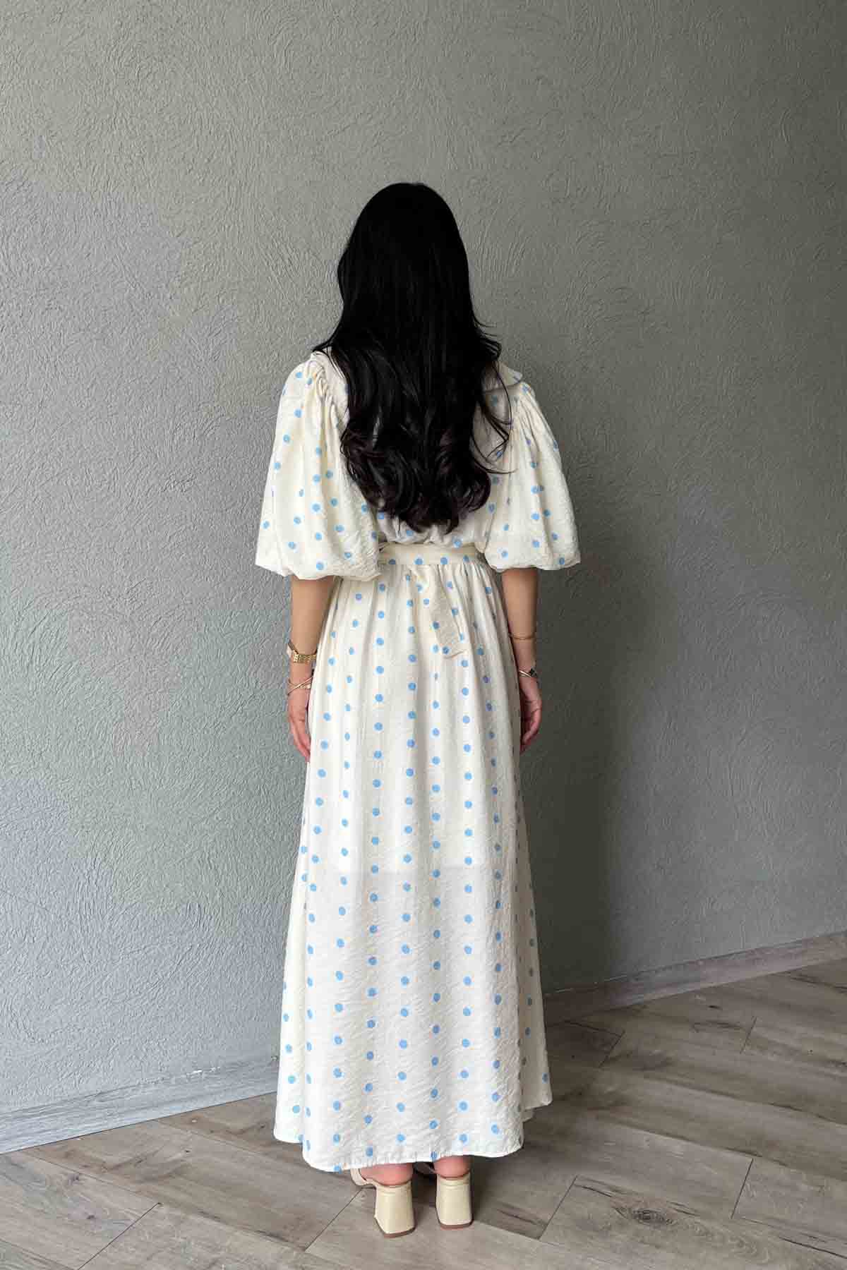 Mavi Puantiye Desenli Düğme Detaylı Balon Kol Elbise SY-1790-Mavi