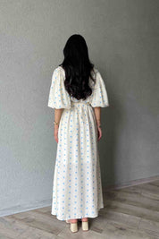 Mavi Puantiye Desenli Düğme Detaylı Balon Kol Elbise SY-1790-Mavi