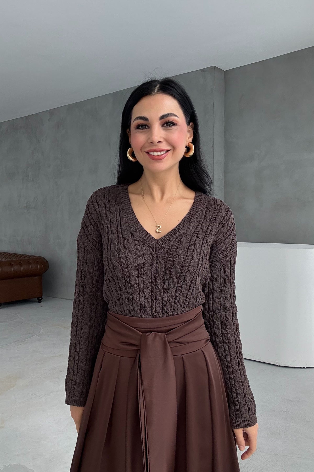 Kahve Şal Detay Bağlamalı Maxi Etek SY-3426-Kahve