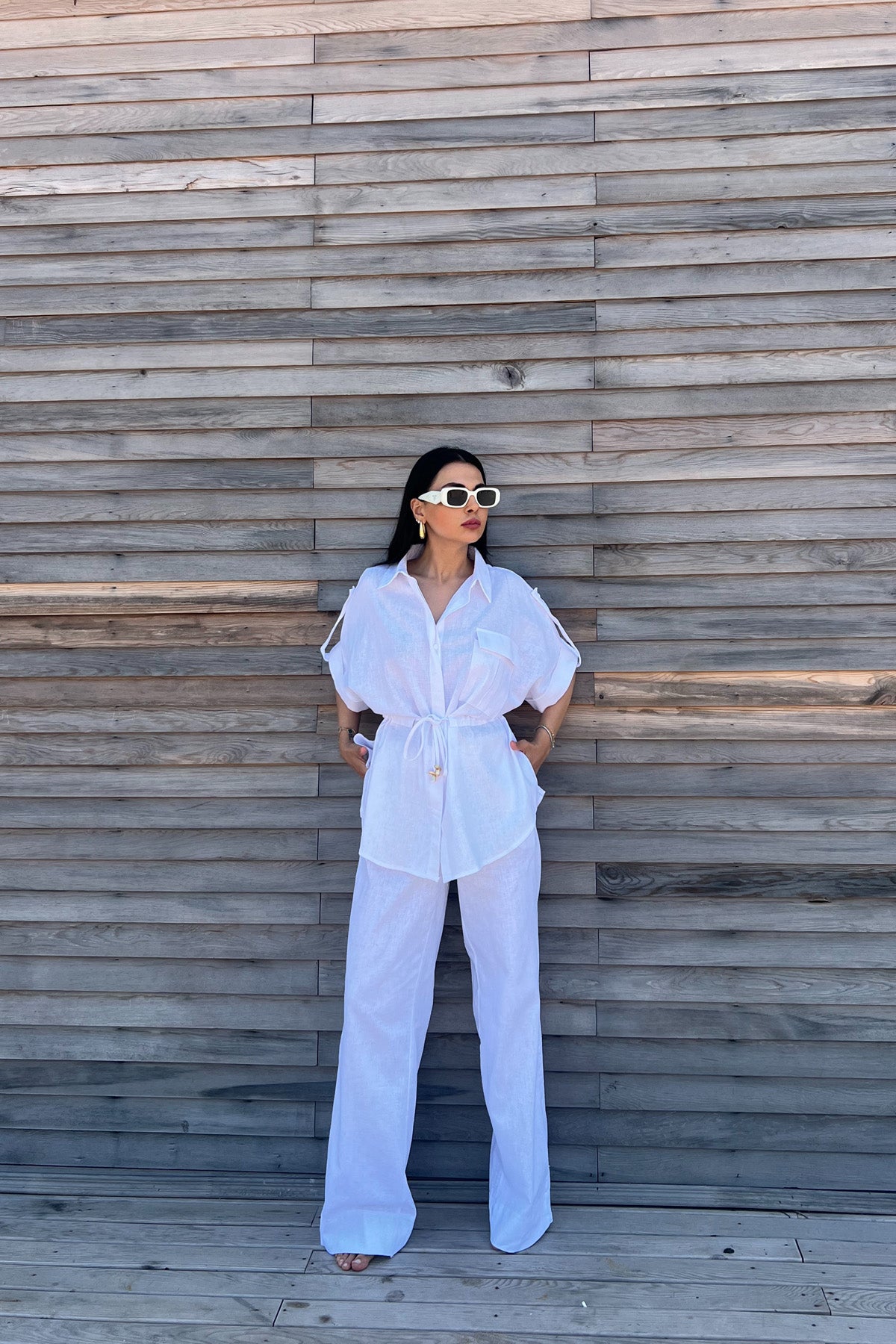 Beyaz Belden Bağlama Detaylı Keten Takım SY-2189-Beyaz