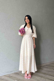 Pembe Puantiye Desenli Düğme Detaylı Balon Kol Elbise SY-1790-Pembe