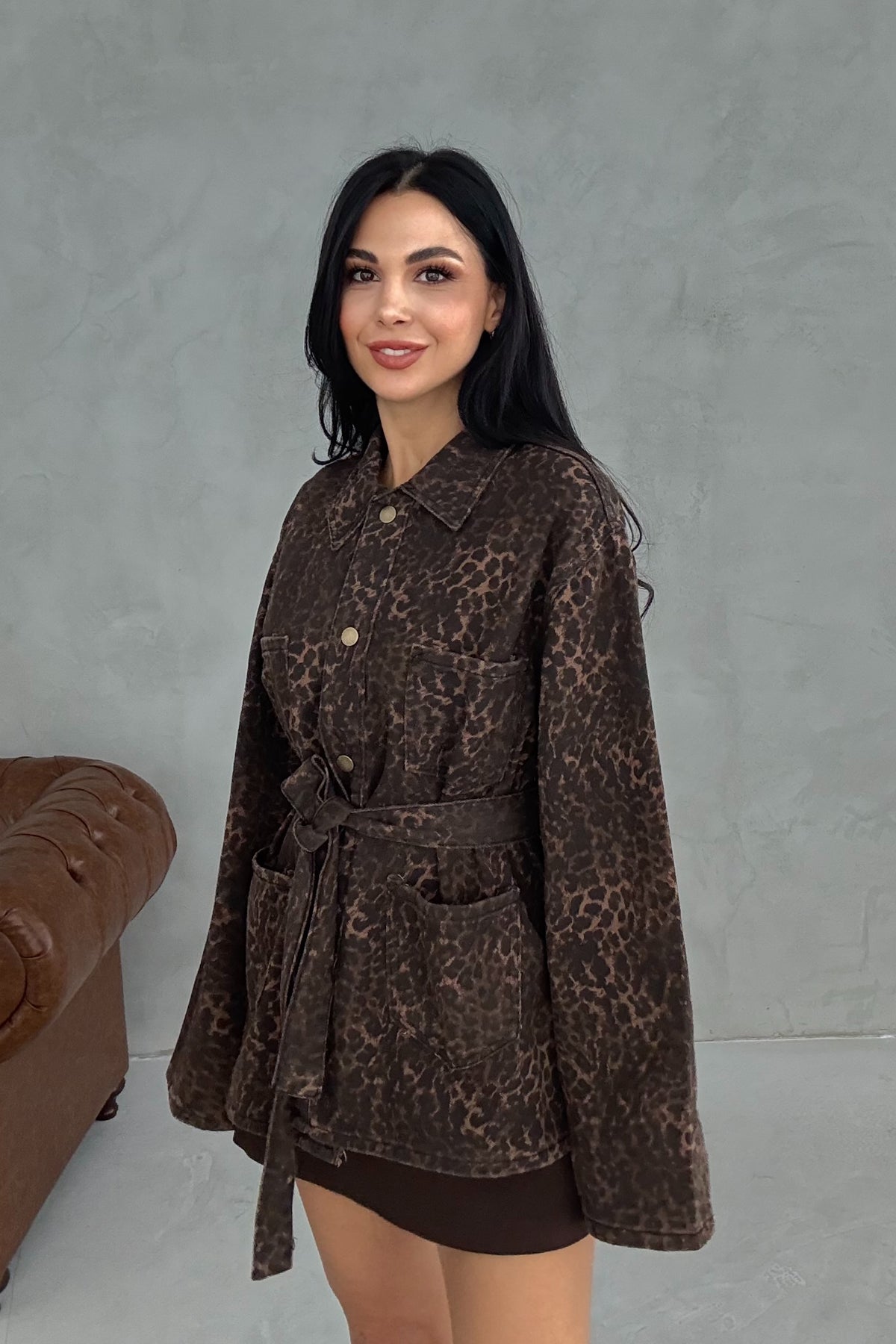 Leopar Desenli Kuşaklı Ceket SY-3403-Leopar