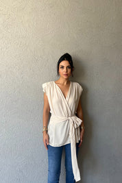 Bej Vatkalı Kruvaze Yaka Bluz SY-0442-Bej