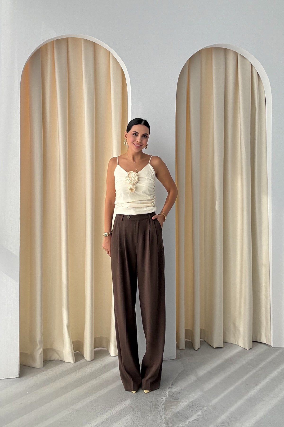 Kahve Yüksek Bel Bol Paça Palazzon Pantolon SY-3325-Kahve