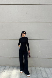 Siyah Uzun Kollu Büzgü Detaylı İkili Triko Takım SY-2455-Siyah