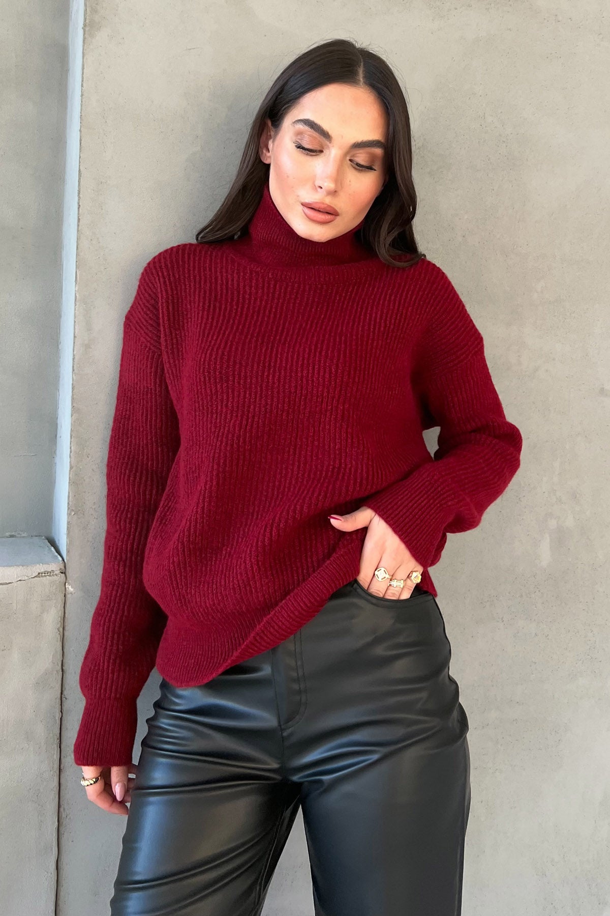 Bordo Balıkçı Yaka Çizgili Kazak SY-2847-Bordo