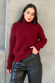 Bordo Balıkçı Yaka Çizgili Kazak SY-2847-Bordo