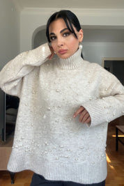 Bej İnci Detaylı Yarım Balıkçı Triko Kazak SY-2741-Bej