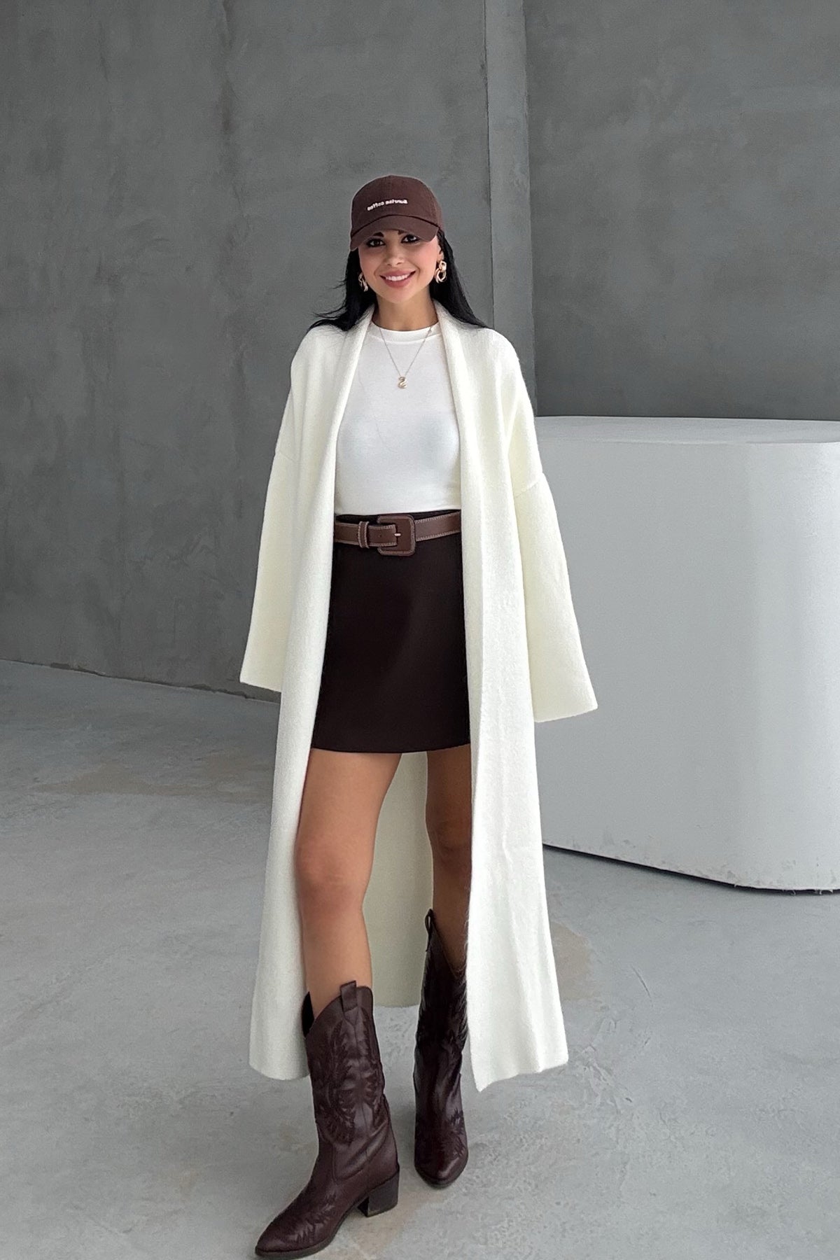 Salaş Uzun Ekru Triko Hırka SY-3420-Ekru