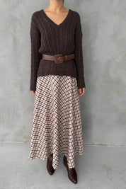 V Yaka Saç Örgü Kahve Triko Kazak SY-3407-Kahve