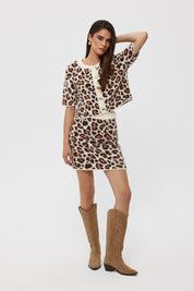 Leopar Desenli Gold Düğme Detaylı Yelek Etek Triko Takım SY-2475-Taş