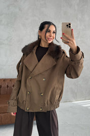 Kahve Yakası Kürk Detaylı Trençkot SY-3449-Kahve