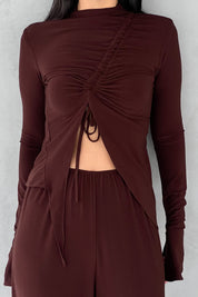 Kahverengi Büzgü Detaylı Uzun Kollu Bluz ve Salaş Pantolon Takım SY-2457-Kahverengi