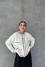 Ekru Siyah Çizgili Cepli Simli Hırka SY-2452-Ekru