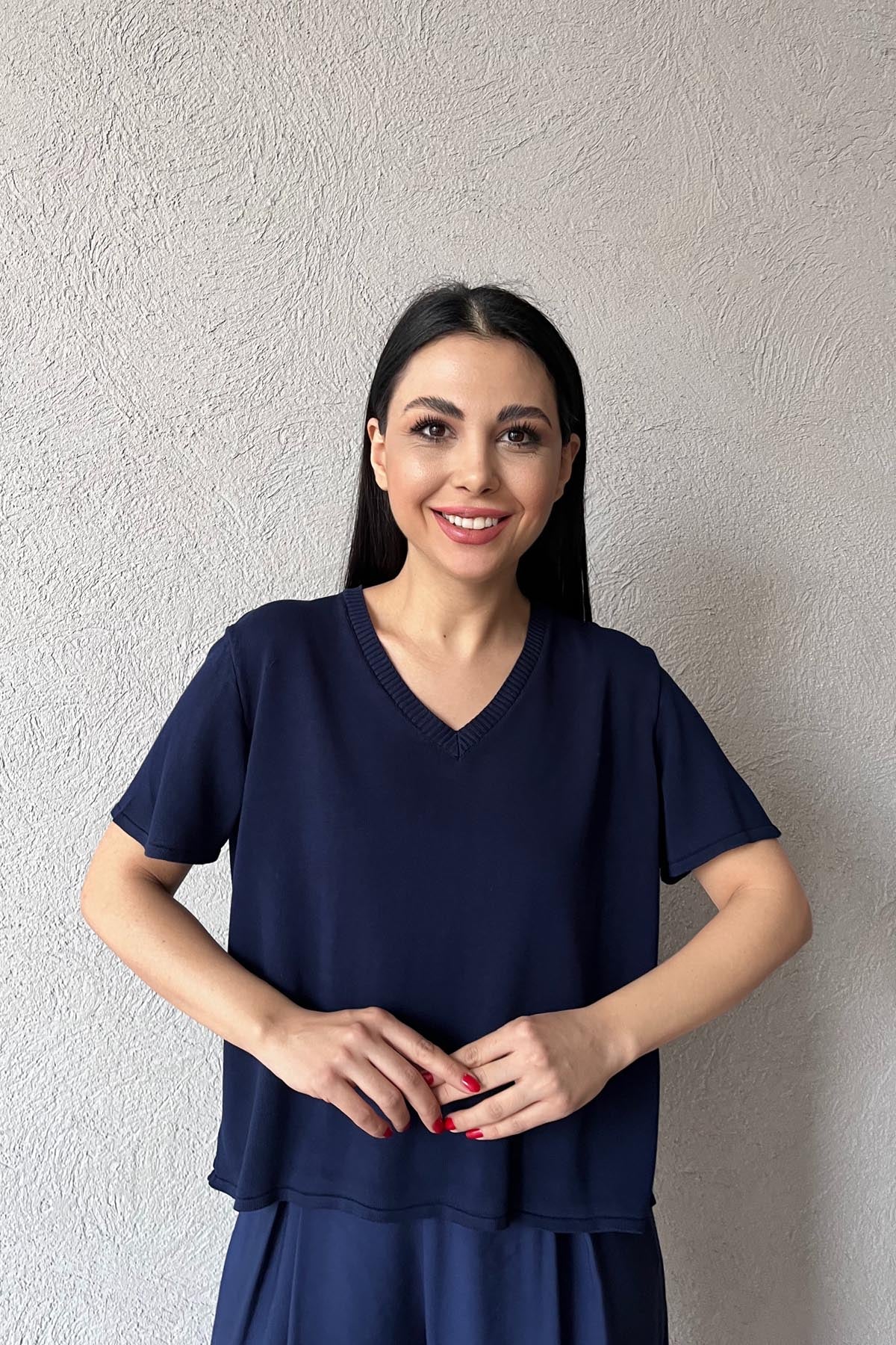 Lacivert V Yaka Kısa Kol Triko T-shırt SY-1731-Lacivert