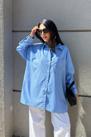 Mavi Çizgili Sırt Baskılı Uzun Kol Gömlek SY-3320-Mavi