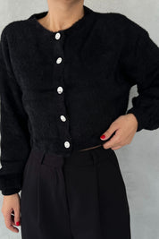 Siyah Sakal Örgü İnci Taş Detaylı Hırka SY-2451-Siyah