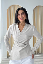 Ekru Asimetrik Düğmeli Drapeli Gömlek SY-3318-Ekru