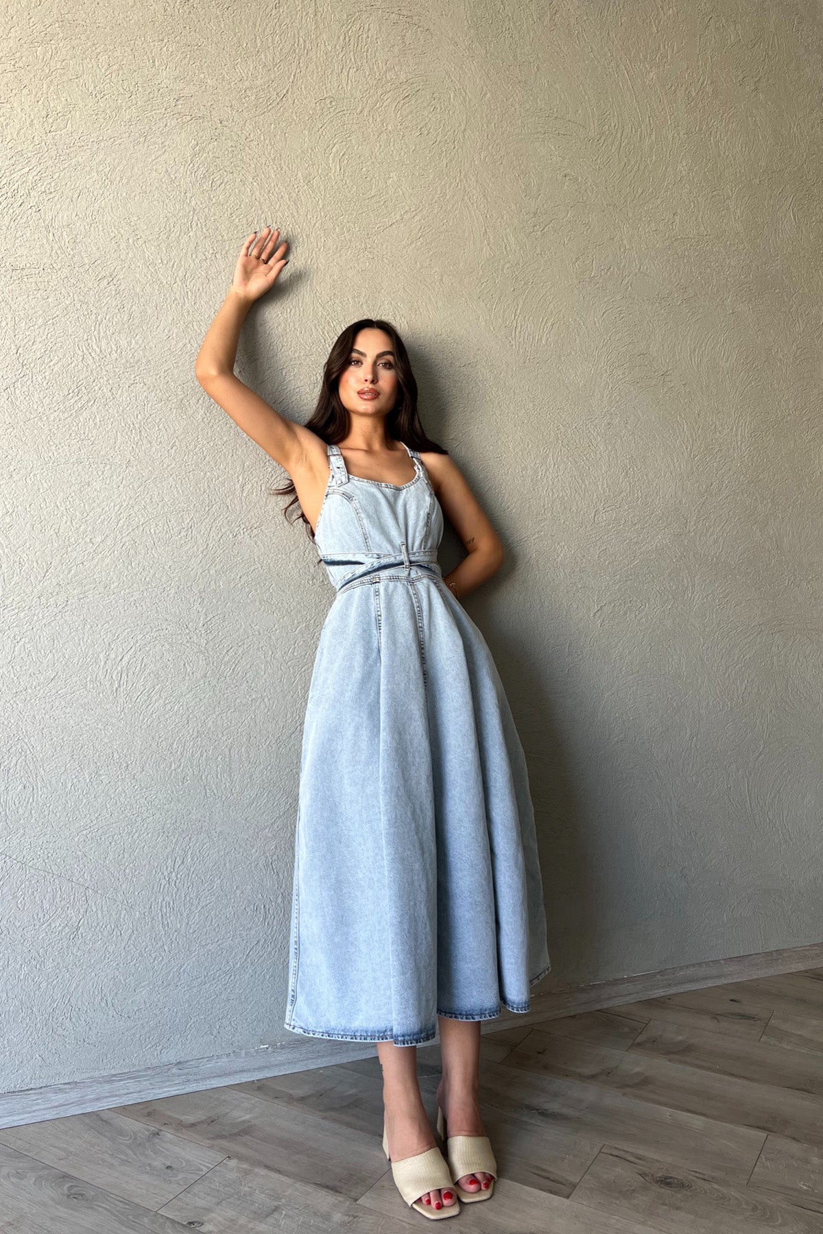 Açık Mavi Tasarım Bağlama Detay Denim Uzun Elbise SY-0836-Açık Mavi